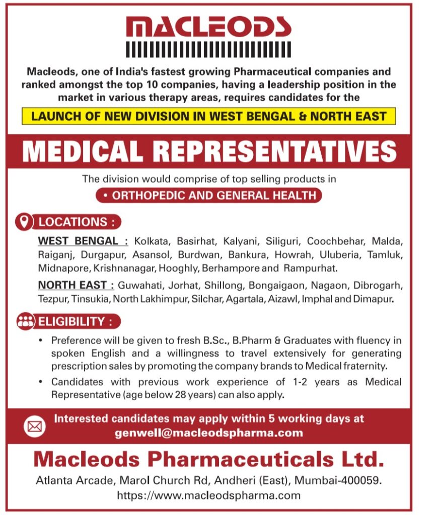Macleods Pharma Medical Representative Recruitment 2026